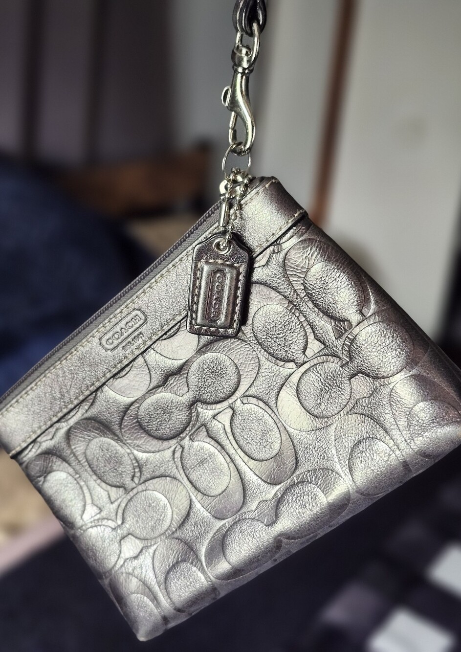Versatile Coach Metallic Pewter Leather Wristlet